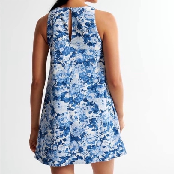 Abercrombie & Fitch High Neck Linen Blend Mini Dress Blue White Floral XXS - Picture 3 of 10